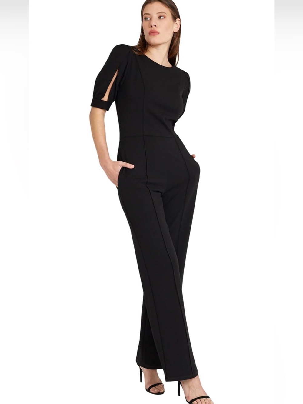 Donna Morgan Black Split-Sleeve Tailored Jumpsuit
